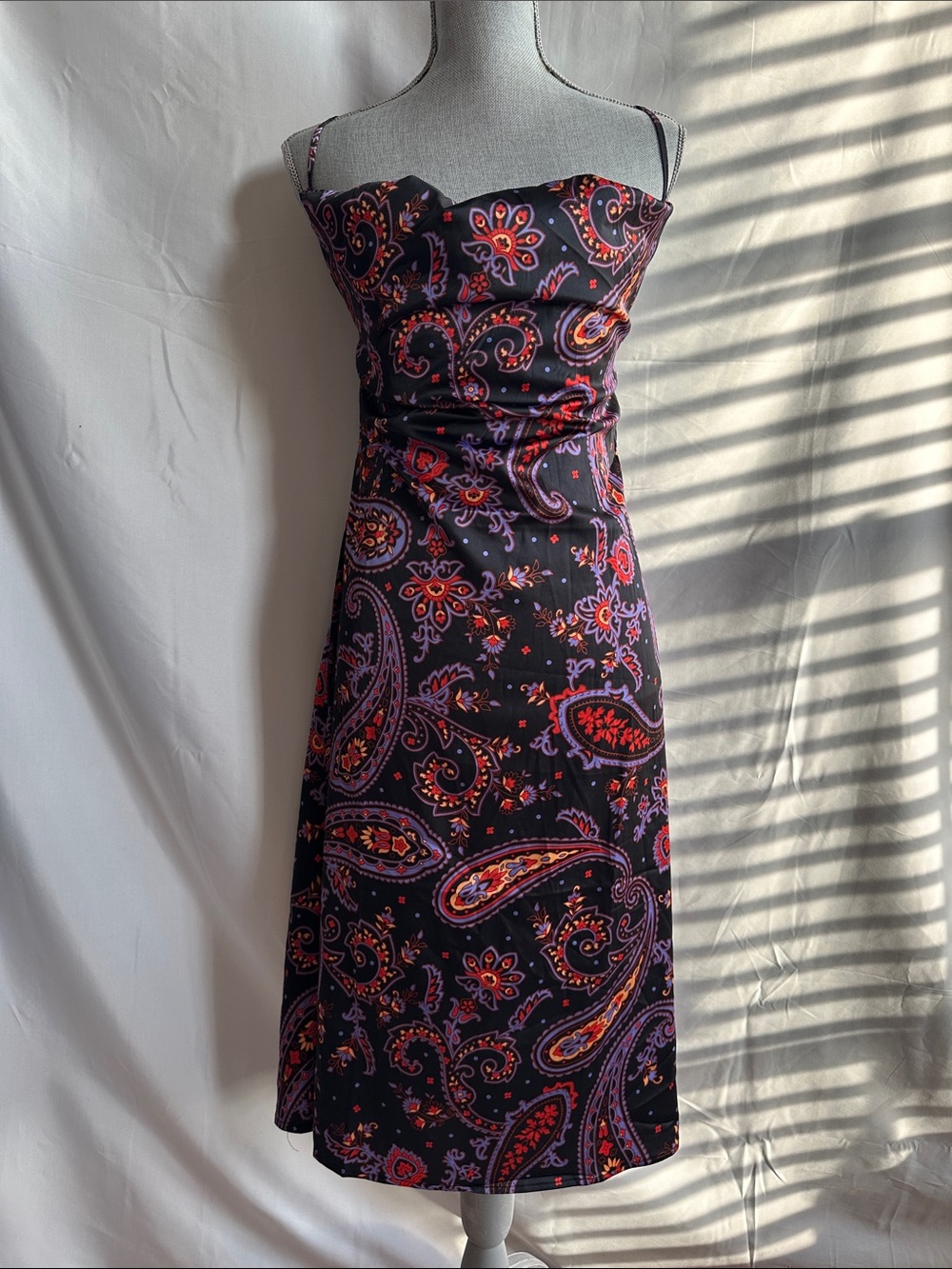 Strapless Paisley Midi Dress in Black and Purple